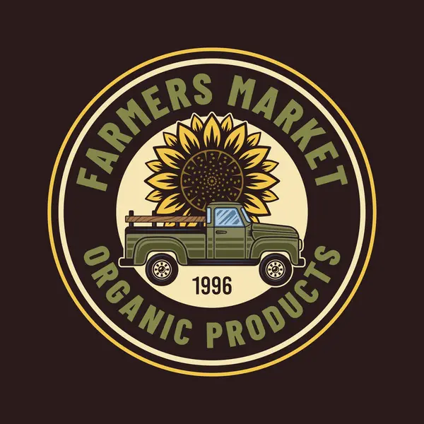 Farmáři Trh Vektorové Emblém Odznak Štítek Pickup Auto Slunečnice Barevném — Stockový vektor