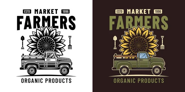 农贸市场矢量标志 带有皮卡的标签和两种风格的葵花花在白色和彩色的黑色上 — 图库矢量图片