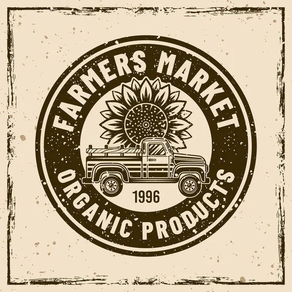 Zemědělci Trh Vektorové Vinobraní Emblém Štítek Odznak Pickup Auto Slunečnice — Stockový vektor