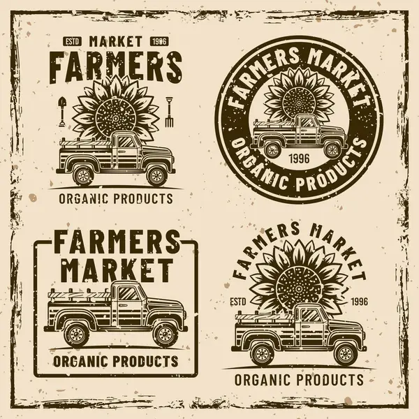 Los Agricultores Mercado Vector Conjunto Emblemas Vintage Etiquetas Insignias Fondo — Archivo Imágenes Vectoriales