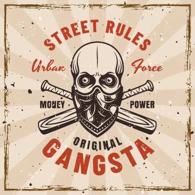 Gangster vektör amblemi. Yüzünde kafatası bandanası ve çapraz beyzbol sopalarıyla klasik tarzda. Çıkarılabilir dokularla arka planda canlandırma