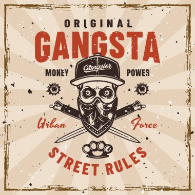 Gangster vektör amblemi, eski tarz, başlıklı kafatası ve yüzlü bandana ve çapraz dövüş bıçakları. Çıkarılabilir dokularla arka planda canlandırma
