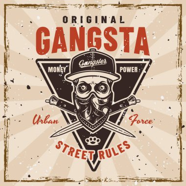 Gangster vektör amblemi, eski tarz, başlıklı kafatası ve yüzlü bandana ve çapraz dövüş bıçakları. Çıkarılabilir dokularla arka planda canlandırma