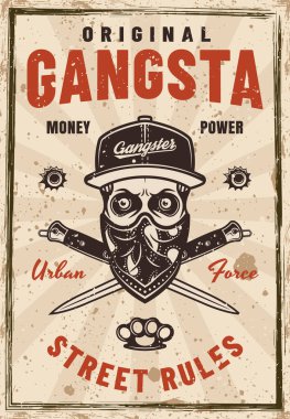 Gangsta vektör posteri. Kapağında kafatası ve yüzünde bandana var. Ayrı katmanlardaki dokularla arka planda canlandırma