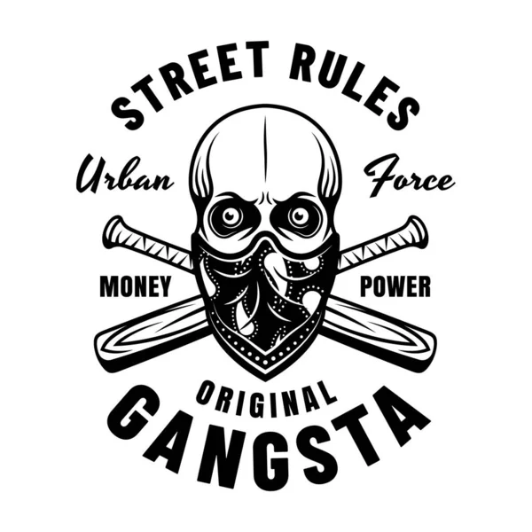 Yüzünde kafatası bandanası ve çapraz beysbol sopası olan tek renkli çeteci vektör amblemi. Resim beyaza izole edildi