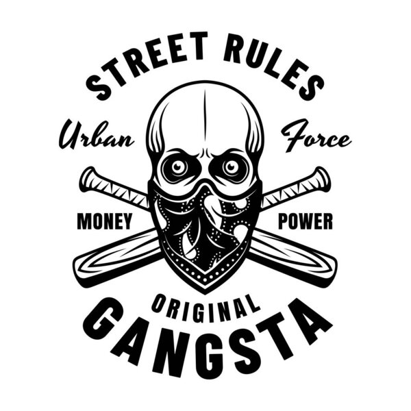 Gangster vector emblem in monochrome style with skull bandana on face and crossed baseball bats. Illustration isolated on white