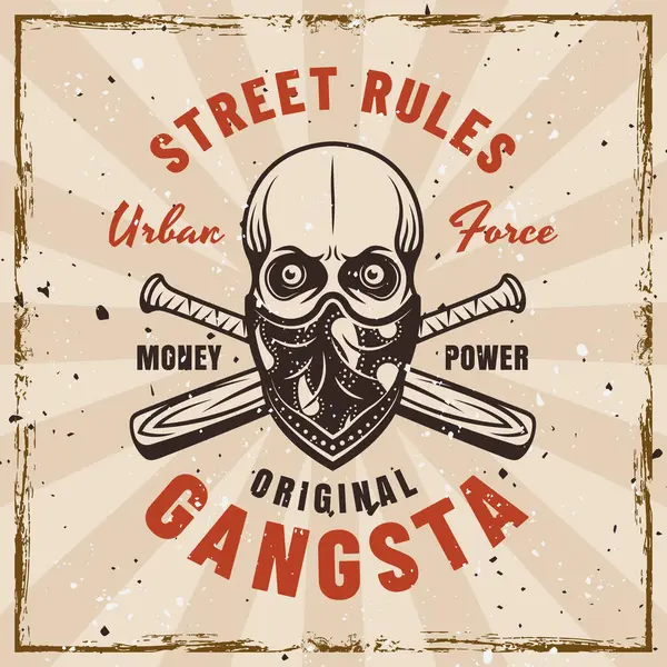 Gangster vektör amblemi. Yüzünde kafatası bandanası ve çapraz beyzbol sopalarıyla klasik tarzda. Çıkarılabilir dokularla arka planda canlandırma