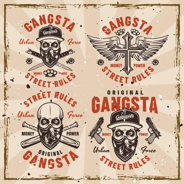 Gangsta Set Vector Criminal Emblems Labels Badges Prints Vintage Style — Stock Vector