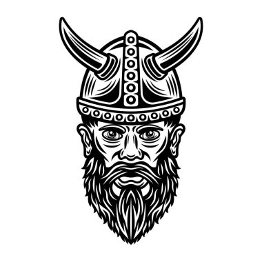 Boynuzlu miğfer başlıklı Viking başlığı, beyaz üzerine izole edilmiş klasik tek renkli karakter çizimi