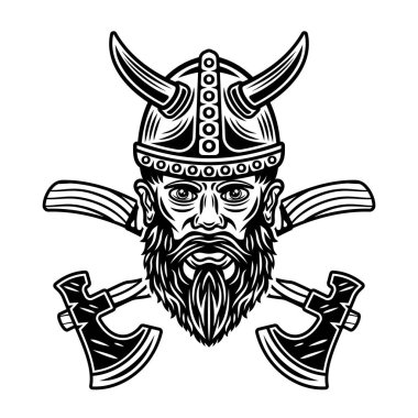 Viking kafası ve iki çapraz eksen vektör karakter çizimi klasik monokrom biçimi beyaz üzerinde izole