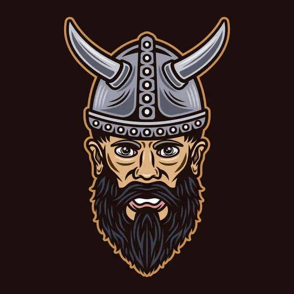 Viking Head Horned Helmet Vector Character Illustration Monochrome Vintage Style — Stock Vector