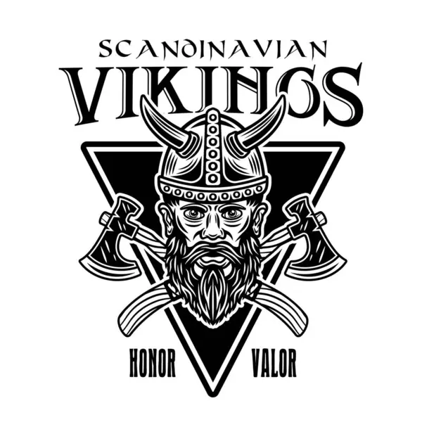Viking Head Crossed Axes Vector Emblem Label Badge Print Monochrome — Stock Vector