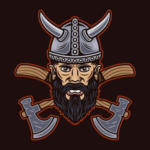 Viking Head Two Crossed Axes Vector Character Illustration Monochrome Vintage — Stock Vector