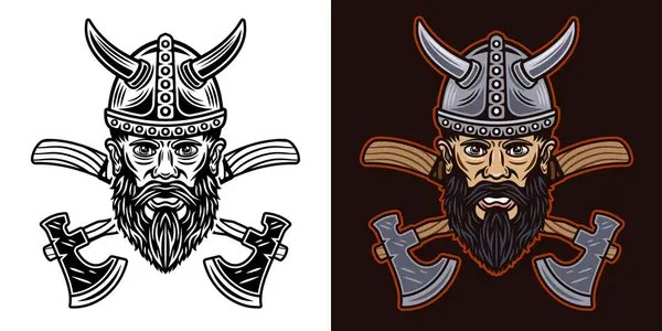 Viking Head Two Crossed Axes Vector Illustration Two Styles Black — Stock Vector