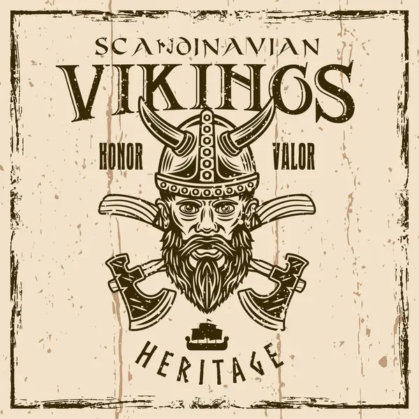 Viking Head Crossed Axes Vector Vintage Emblem Label Badge Print — Stock Vector