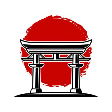 Kırmızı güneş vektör illüstrasyonlu Japon torii kapısı beyaz üzerine klasik monokrom stili