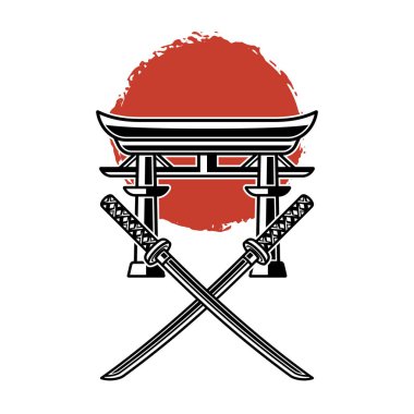 Japon stili, Torii kapılı vektör baskısı, iki çapraz katana kılıcı ve beyaz zemin üzerinde kırmızı güneş