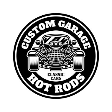 Hot rod vektör amblemi, etiket, rozet veya yazdırma beyaz üzerine izole edilmiş tek renk biçimi