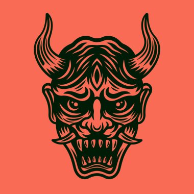 Japon Oni maskesi kırmızı arkaplanda izole edilmiş klasik tarzda boynuz vektör çizimi