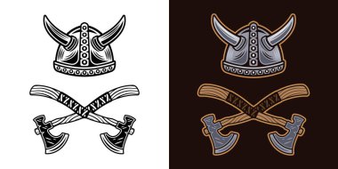 Viking miğferi ve iki çapraz eksen vektör illüstrasyonu iki stilde siyah beyaz ve koyu arkaplanda renkli