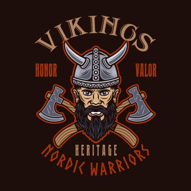 Viking kafası ve çapraz eksenler vektör amblemi, etiketi, rozeti veya koyu arkaplanda renkli olarak yazdırır