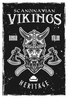 Vikings vektör poster vintage illüstrasyon siyah-beyaz stil farklı katmanlar dokular