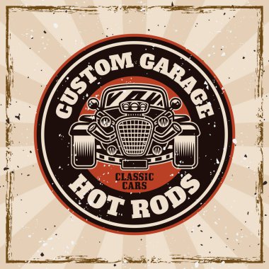 Arka planda grunge desenli hot rod vektör amblemi, etiketi, rozeti veya yazdırma biçimi