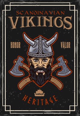 Vikings vektör poster vintage resimleme farklı katmanlarda farklı dokular ile renkli stil