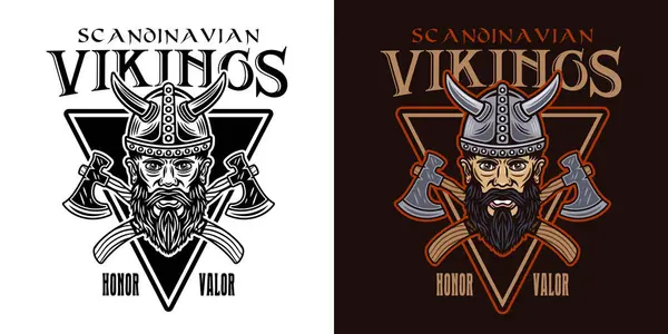 Viking Head Crossed Axes Vector Emblem Label Badge Print Two — Stock Vector