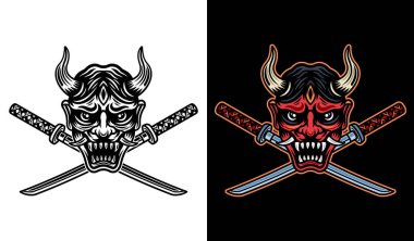 Oni maskesi ve iki çapraz katana vektör çizimi beyaz üzerine tek renkli ve koyu arkaplan üzerine tek renkli