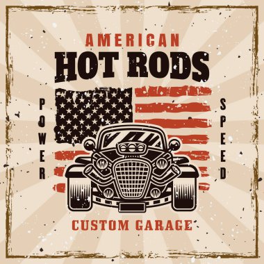 Arka planda grunge desenli hot rod vektör amblemi, etiketi, rozeti veya yazdırma biçimi