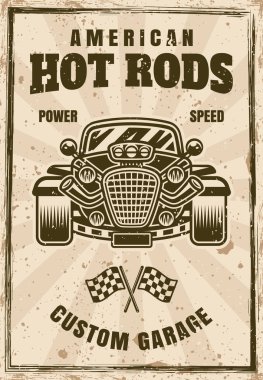Hot rod araba vektör poster illüstrasyonu farklı katmanlarda desenleri olan klasik tarzda