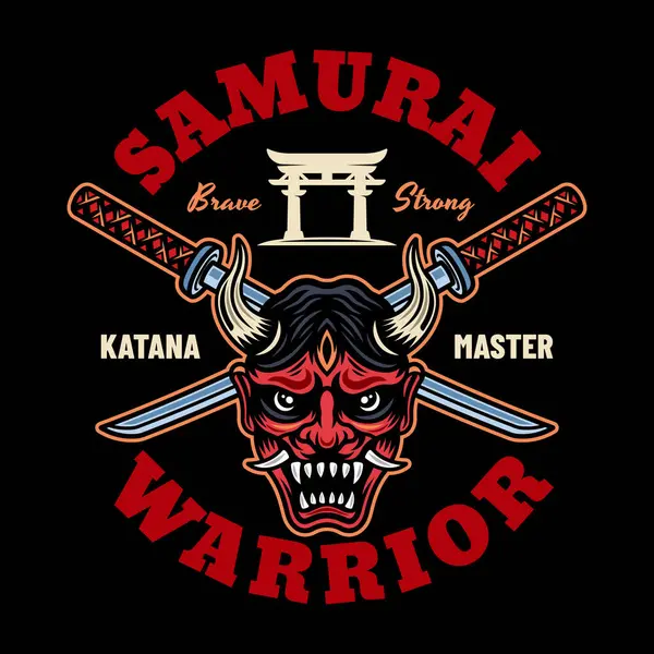 Samurai Vector Gekleurd Embleem Badge Label Zwarte Achtergrond — Stockvector