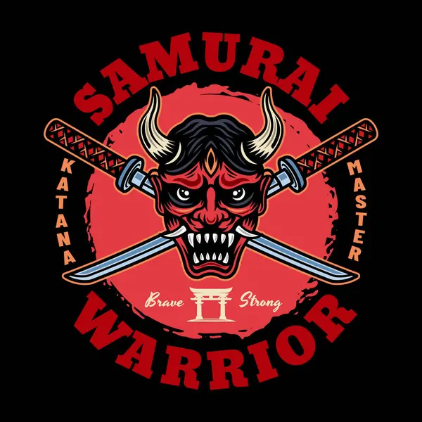 Samurai Vektor Berwarna Lambang Lencana Label Pada Latar Belakang Hitam - Stok Vektor