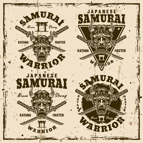 Samurai Vector Vintage Emblems Badges Labels Background Removable Textures — Stock Vector