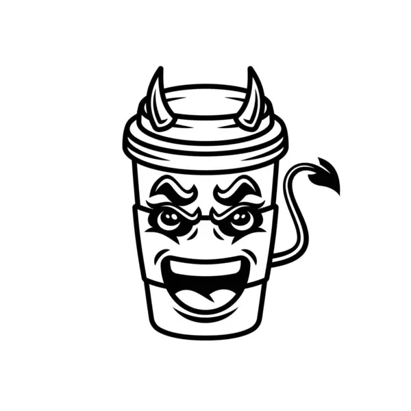Şeytan Kahve Fincanı Karikatür Karakter Vektör Illüstrasyonu Siyah Tek Renkli — Stok Vektör