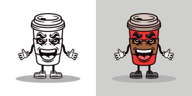 Coffee paper cup cartoon mascot character. Vector illustration in two styles black on white and colored clipart