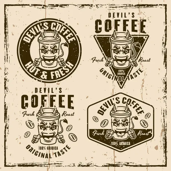 Diabo Copo Papel Café Conjunto Mascote Emblemas Vetoriais Emblemas Rótulos Vetores De Bancos De Imagens Sem Royalties