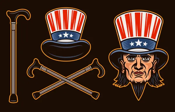 American Uncle Sam Head Cylinder Hat Other Attributes Set Vector — 스톡 벡터
