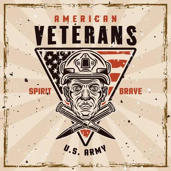 Amerikanska Veteraner Vektor Emblem Med Soldathuvud Och Två Korsade Kulor Royaltyfria illustrationer