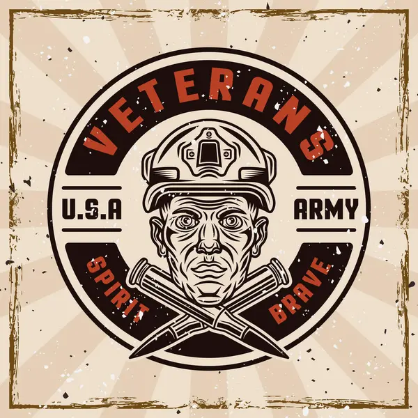 Amerikanska Veteraner Vektor Emblem Med Soldathuvud Och Två Korsade Kulor Vektorgrafik