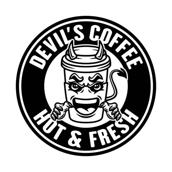 Şeytan Kahve Fincanı Maskot Vektörü Yuvarlak Amblem Rozet Etiket Veya Vektör Grafikler
