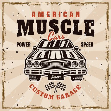 Kas araba vektör amblemi, etiket, rozet veya basım biçimi arkaplanda çıkarılabilir dokular ile birlikte vintage biçiminde