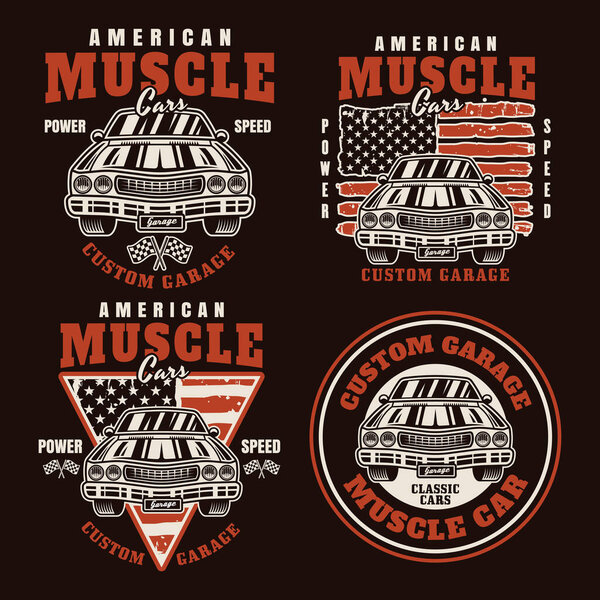 Набор векторных эмблем, этикеток, значков или отпечатков в винтажном стиле на темном фоне