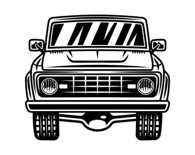 Off road car ön görünüm vektör monokrom illüstrasyon beyaz arkaplan