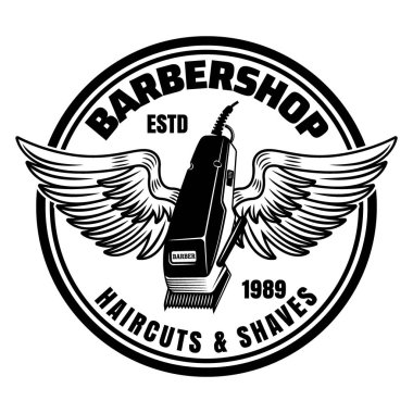 Berber amblemi, etiket, rozet ya da logo, beyaz arkaplanda izole edilmiş kanatlı saç kesme makası