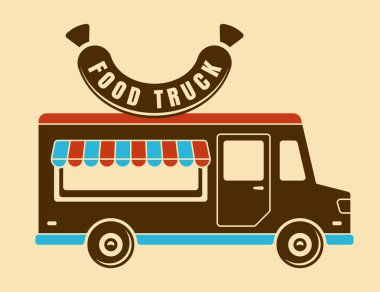 Yemek kamyonu silueti vektör çizimi renkli ikon, ön manzara, çatıda sosisli sandviç tabelaları var.