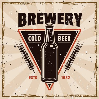 Bira renkli retro amblem, rozet, arka planda farklı katmanlarda desenleri olan etiket