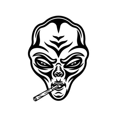 Stoned alien head with marijuana spliff in mouth vector illustration in vintage monochrome style isolated on white clipart