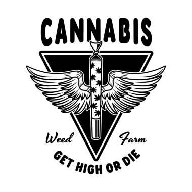 Kanat vektörü amblemi olan marihuana sarması beyaz üzerine izole edilmiş siyah stil çizimi